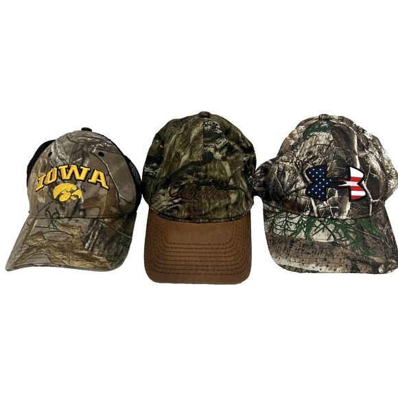 LOT OF 3 - CAMOUFLAGE HATS - HAWKEYES - CABELA’S - UNDER ARMOUR - Picture 1 of 9